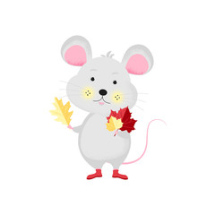 Isolated cute cartoon Mouse autumn leaves