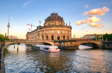 Naklejka premium Berlin, Germany - May 4, 2019 - The Bode Museum located on Museum Island in the Mitte borough of Berlin, Germany at dusk.