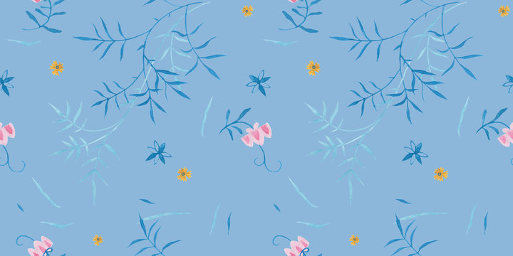 Bluestone pattern design. Wrapping gift paper flower decoration. Hand painted gouache elegant leaves and twigs. Elegance Middle Ages floral ornament. Floral seamless pattern for Mediterranean decor
