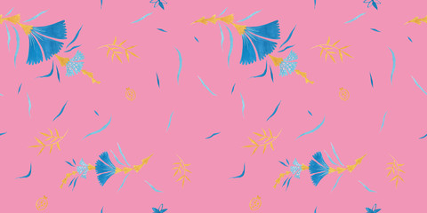 Chrysanthemum modern illustration plate decoration. Tea rose and clematis natural petals. Varicolored feminine fabric design. Renaissance flower art. Floral seamless pattern for Mediterranean decor