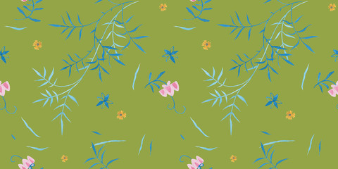 Tea green modern illustration plate decoration. Tea rose and clematis natural petals. Varicolored feminine fabric design. Renaissance flower art. Floral seamless pattern for Mediterranean decor