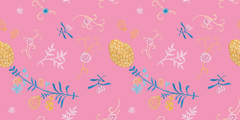 Chrysanthemum modern illustration plate decoration. Tea rose and clematis natural petals. Varicolored feminine fabric design. Renaissance flower art. Floral seamless pattern for Mediterranean decor