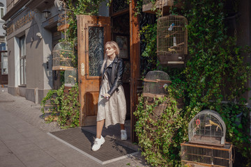 Beautiful woman walks through the streets of Moscow