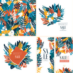 Various leaves and flowers bouquet design collection. Collage style. Seamless pattern, cards, vertical banners. Summer sale. Vector illustration