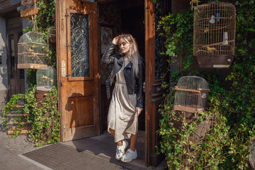 Beautiful woman walks through the streets of Moscow