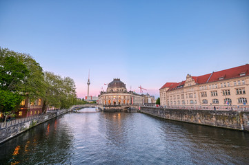 Fototapeta premium Berlin, Germany - May 4, 2019 - The Bode Museum located on Museum Island in the Mitte borough of Berlin, Germany at dusk.