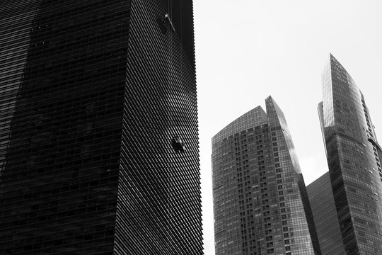 Views of the skyscrapers of the metropolis. Black and white picture.