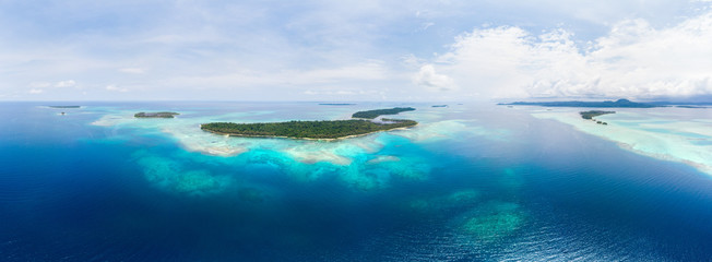 Aerial view Banyak Islands Sumatra tropical archipelago Indonesia, coral reef beach turquoise water. Travel destination, diving snorkeling, uncontaminated environment ecosystem