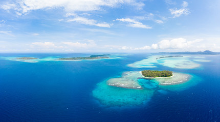 Aerial view Banyak Islands Sumatra tropical archipelago Indonesia, coral reef beach turquoise water. Travel destination, diving snorkeling, uncontaminated environment ecosystem