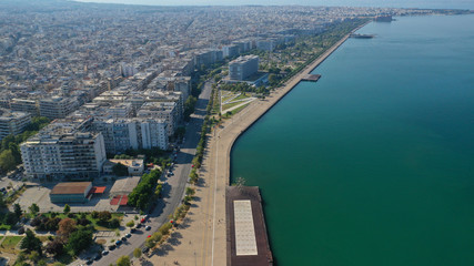 Aerial drone viewof iconic and famous promenade area in new waterfront of Thessaloniki or Salonica...