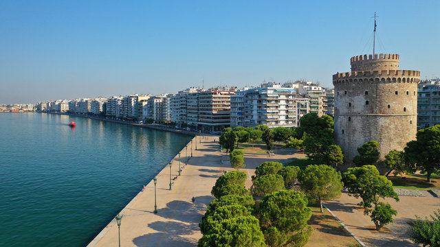 Aerial drone viewof iconic and famous promenade area in new waterfront of Thessaloniki or Salonica featuring iconic Alexander the Great statue, North Greece