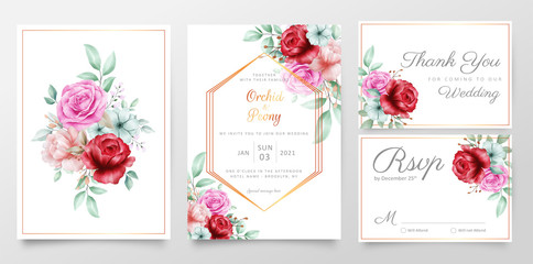 Elegant floral bouquet wedding invitation cards template set with golden decoration. Editable Save the date, invite or greeting, thank you, rsvp cards vector design