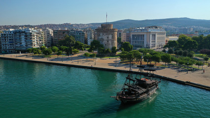 Obraz premium Aerial drone view of iconic historic landmark - old byzantine White Tower of Thessaloniki or Salonica, North Greece