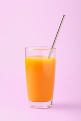 Two Orange Juice Glass with Metallic Steel Tubes