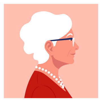 Profile Of An Elderly Woman. The Face Of The Pensioner Is On The Side. Avatar. Vector Flat Illustration