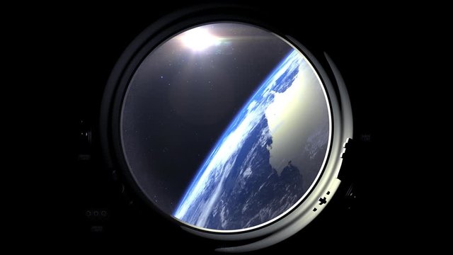Earth through the porthole of spaceship. The horizon turns right and approaches. Flight Of The Space Station. Realistic atmosphere. Volumetric clouds. Starry sky. 4K.