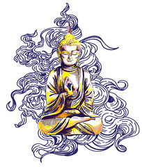 Buddha. Multicolored stylish pattern. Buddha sitting cross-legged. Yoga, Nirvana print.
