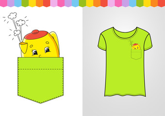 Yellow teapot in shirt pocket. Cute character. Colorful vector illustration. Cartoon style. Isolated on white background. Design element. Template for your shirts, books, stickers, cards, posters.