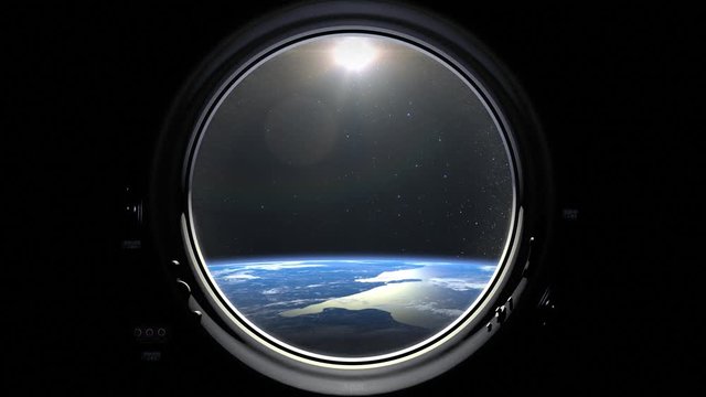 The spaceship is approaching the earth. View from the porthole. Realistic atmosphere. Volumetric clouds. Starry sky. 4K.