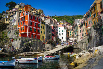 RIOMAGGIORE, ITALY - JULY 6, 2019: Beautiful Riomaggiore village in Cinqueterre national park 