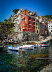 RIOMAGGIORE, ITALY - JULY 6, 2019: Beautiful Riomaggiore village in Cinqueterre national park 