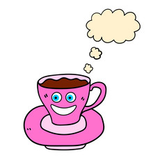 Cartoon doodle linear tea cup and saucer character with thought bubble isolated on white background. Vector illustration.    