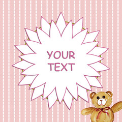 Cute teddy bear with blank flower shaped speech bubble striped kids background illustration