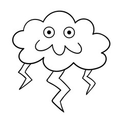 Cartoon doodle happy cloud with lightning, thundercloud isolated on white background. Vector illustration.  