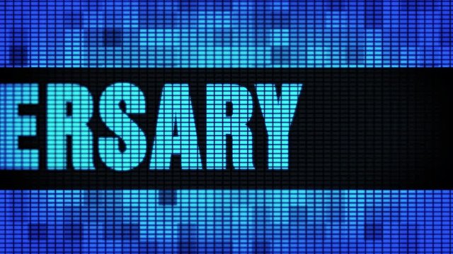 5th Anniversary Front Text Scrolling on Light Blue Digital LED Display Board Pixel Light Screen Looped Animation 4K Background. Sign Board , Blinking Light, Pixel Monitor, LED Wall Pannel