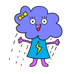 Cartoon doodle happy cloud with rain girl isolated on white background. Vector illustration. 