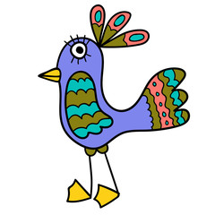 Tropic cartoon doodle bird isolated on white background. Vector illustration.     