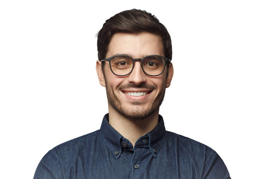 Smiling handsome man with trendy haircut and glasses isolated on white background