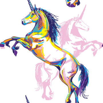 Unicorn seamless pattern. Multi-colored drawing, mystical animal.