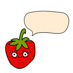 Cute cartoon doodle red strawberry character with speech bubble isolated on white background. Vector illustration.   