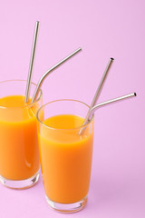 Two Orange Juice Glass with Metallic Steel Tubes