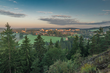Rotava town in sunrise time with block of flats in summer morning