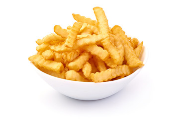 Fried French fries, potato fry, isolated on white background