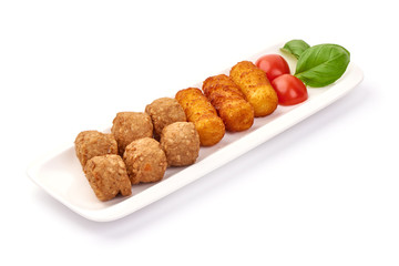 Potato croquettes and meat balls, isolated on white background