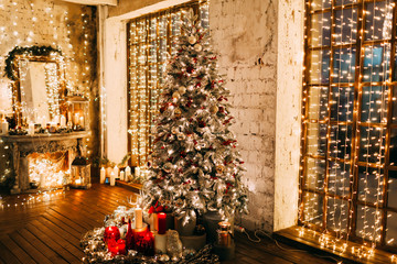 warm cozy magic evening in luxury old Christmas living room fairy tale interior design, fireplace,...