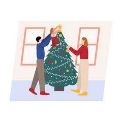 Family decorating Christmas tree. Man, woman and their daughter preparing for Christmas. Flat cartoon vector illustration