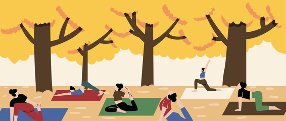 People spending time together in  autumn city park. Banner with colorful autumn trees and people. Women in yoga poses. Yoga in park. Flat vector illustration