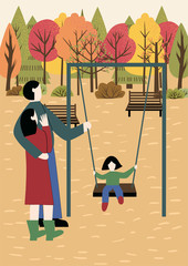People spending time together in  autumn city park. Colorful trees with orange, red and green leaves in the background. Happy family with their child swing on a swing. Flat vector illustration