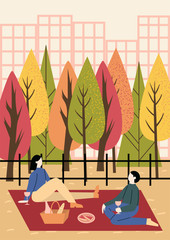People spending time together in  autumn city park. Colorful trees with orange, red and green leaves in the background. Couple on picnic. Flat vector illustration