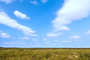 Tundra landscape in the north of Russia against the blue sky with clouds