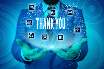 Writing note showing Thank You. Business concept for a polite expression used when acknowledging a...