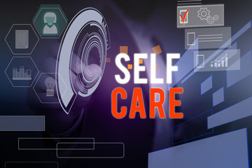 Word writing text Self Care. Business photo showcasing the practice of taking action to improve one s is own health Male human wear formal work suit presenting presentation using smart device