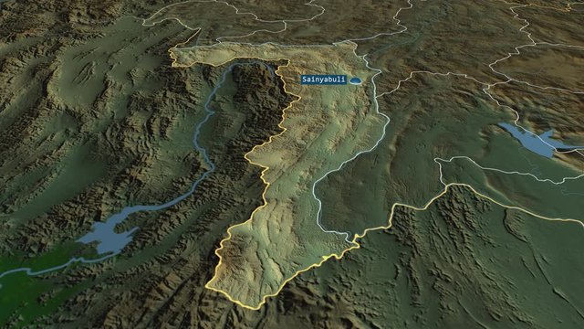 Xaignabouri - province of Laos with its capital zoomed on the physical map of the globe. Animation 3D
