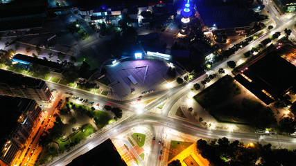 Aerial drone night shot of famous promenade area in new waterfront of Thessaloniki or Salonica...