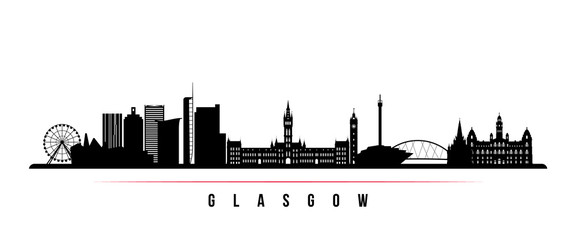 Glasgow City skyline horizontal banner. Black and white silhouette of Glasgow City, Scotland. Vector template for your design. © greens87