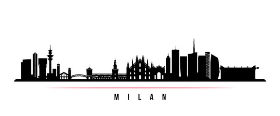 Fototapeta premium Poziomy baner panoramę Mediolanu. Czarno-biała sylwetka Mediolanu, Włochy. Szablon wektor dla swojego projektu.